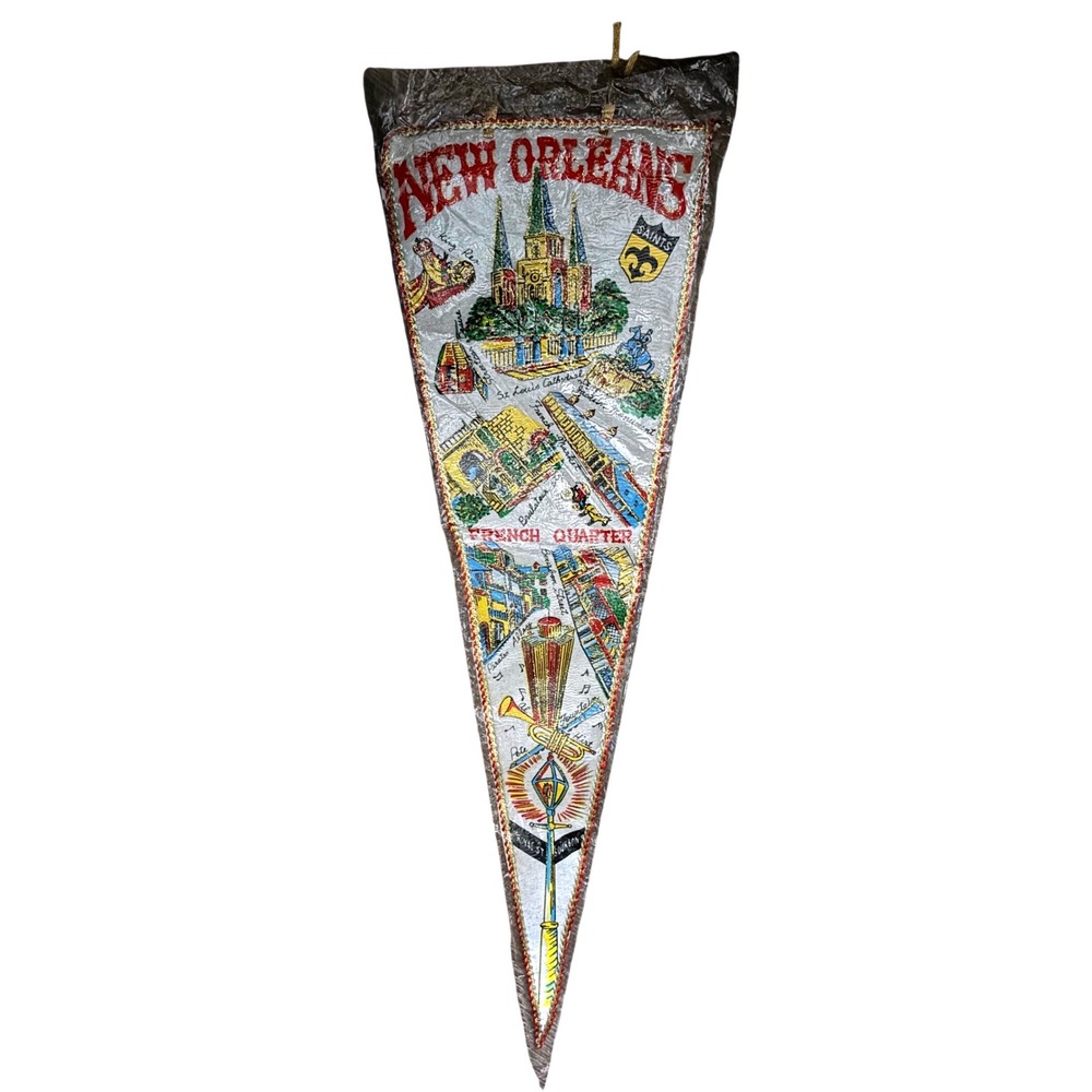 Vintage New Orleans French Quarter Souvenir Pennant Silver Glitter Saints NOLA